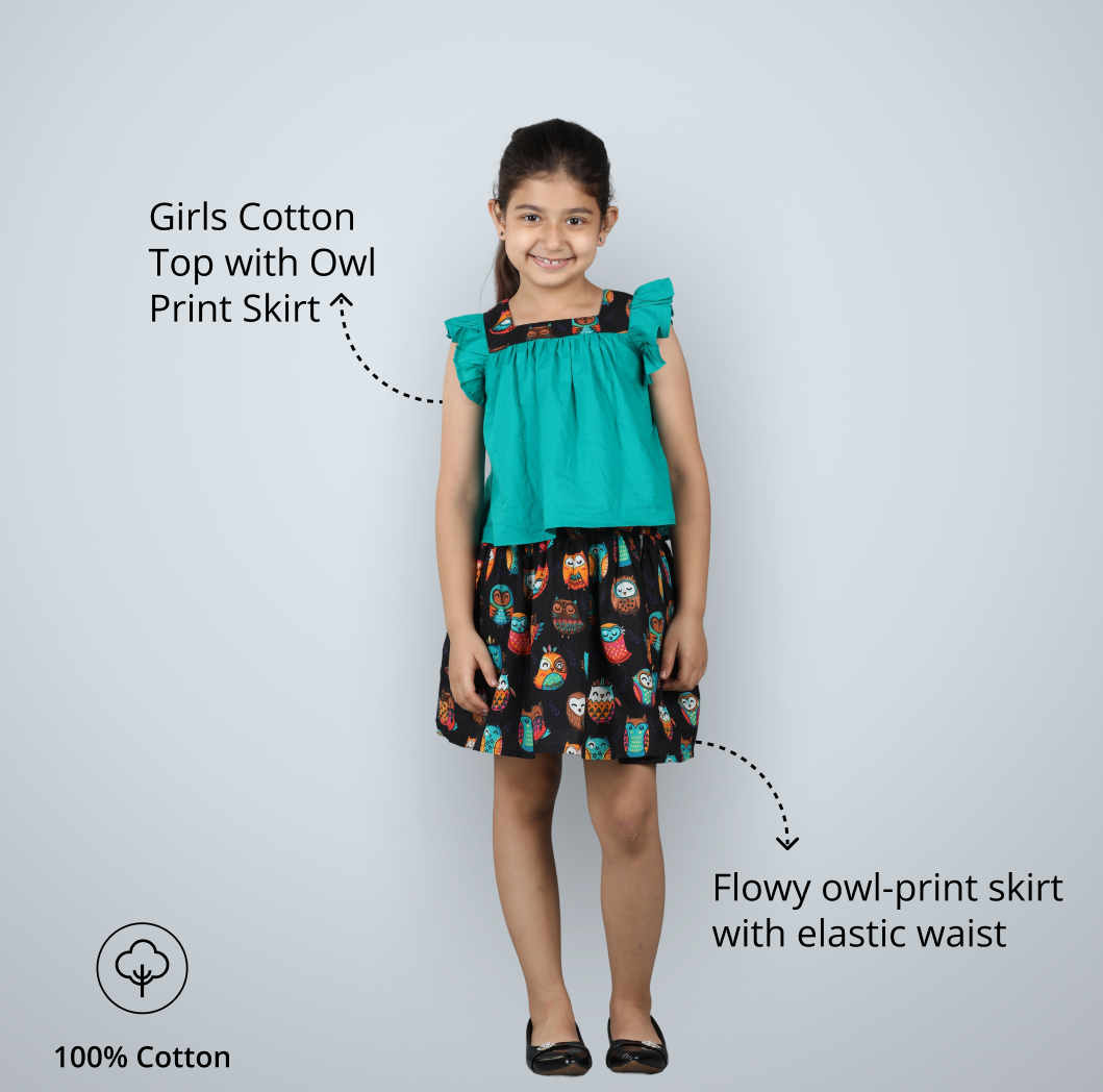 Girls Cotton Top with Owl Print Skirt – Trendy Green Ensemble - Pure, Chemical-Free Kidswear
