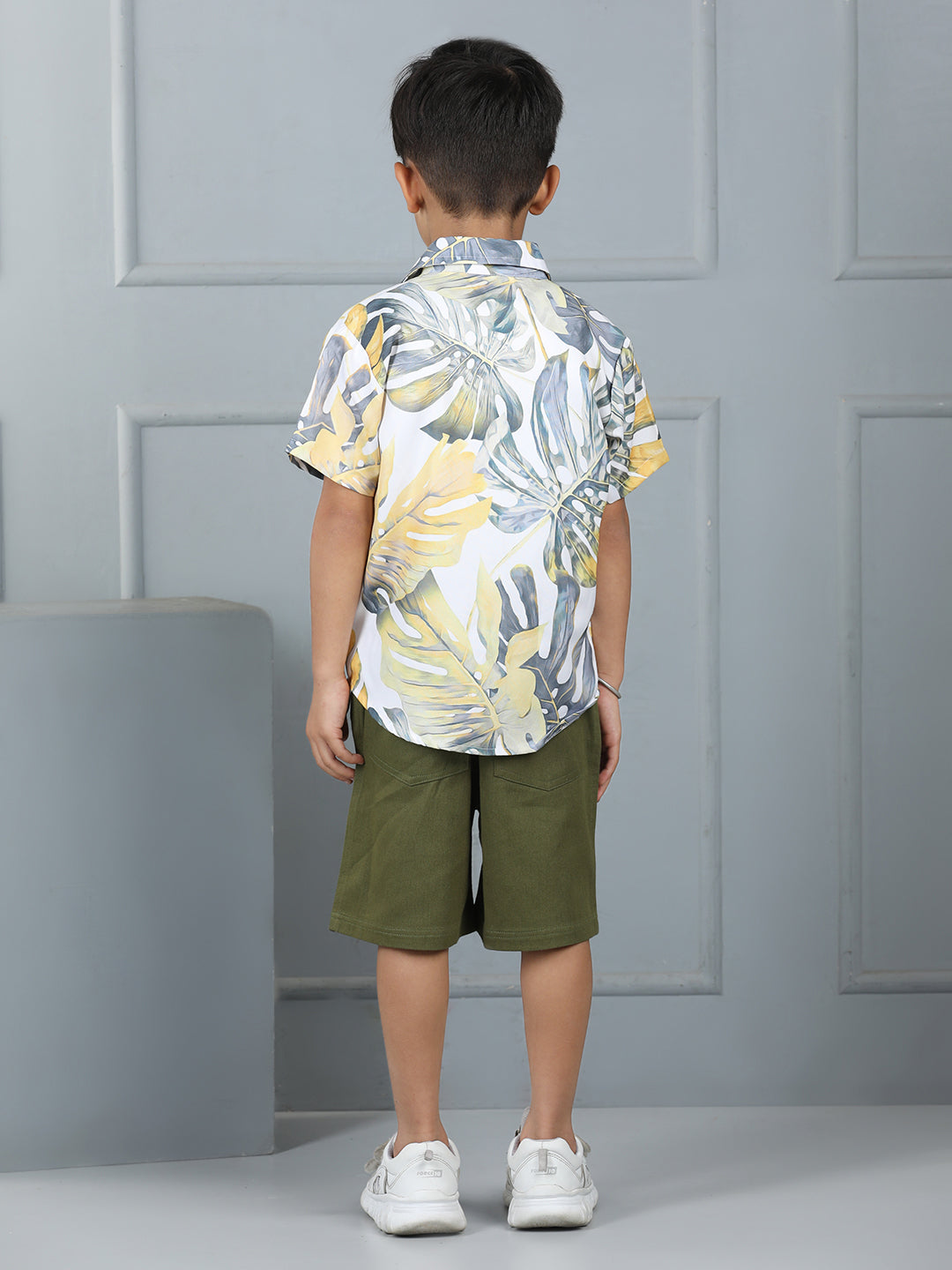 Boys Leaf Print Half-Sleeve Shirt & Bottom Set – Trendy Casual Wear - Pure, Chemical-Free Kidswear