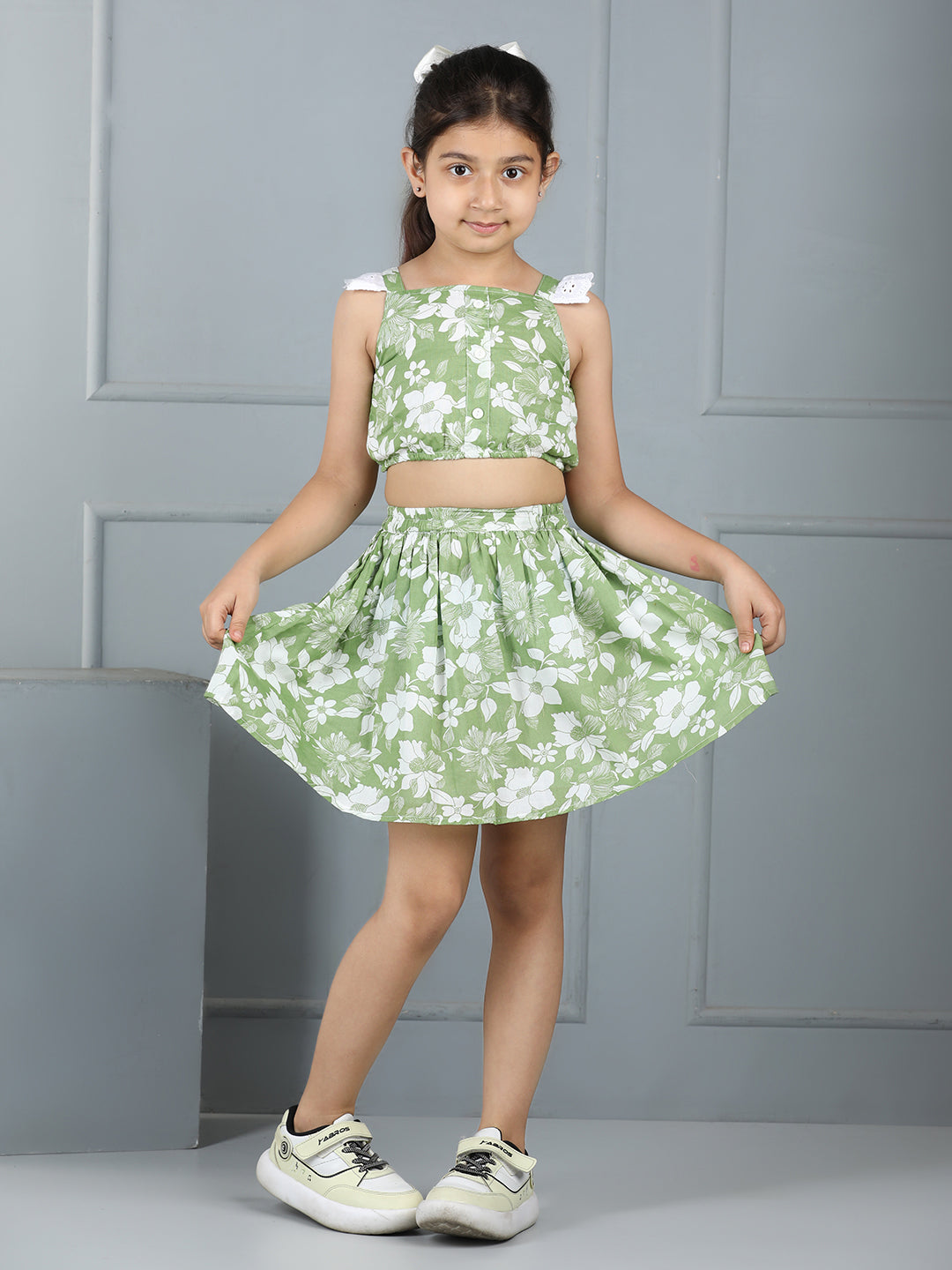 Girls Floral Print Button Top & Skirt Set – Chic and Casual - Pure, Chemical-Free Kidswear