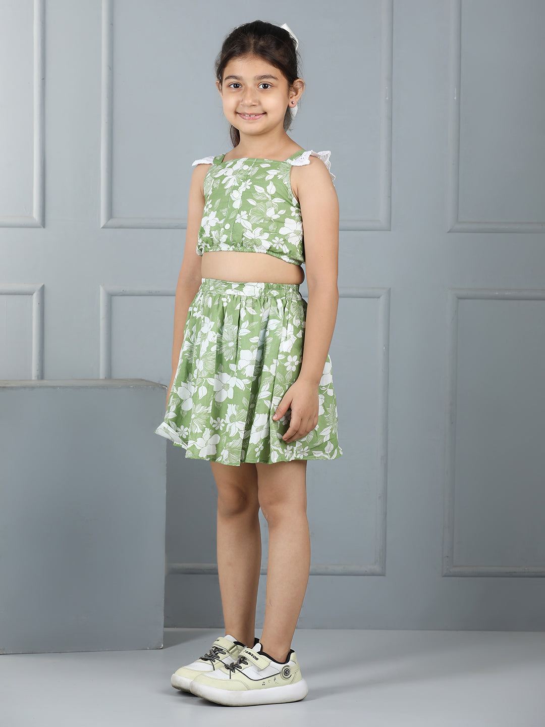 Girls Floral Print Button Top & Skirt Set – Chic and Casual - Pure, Chemical-Free Kidswear