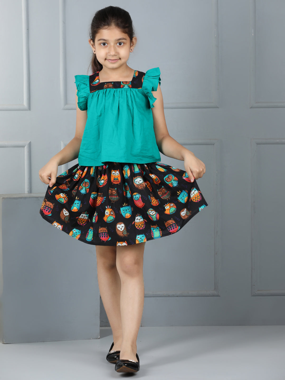 Girls Cotton Top with Owl Print Skirt – Trendy Green Ensemble - Pure, Chemical-Free Kidswear