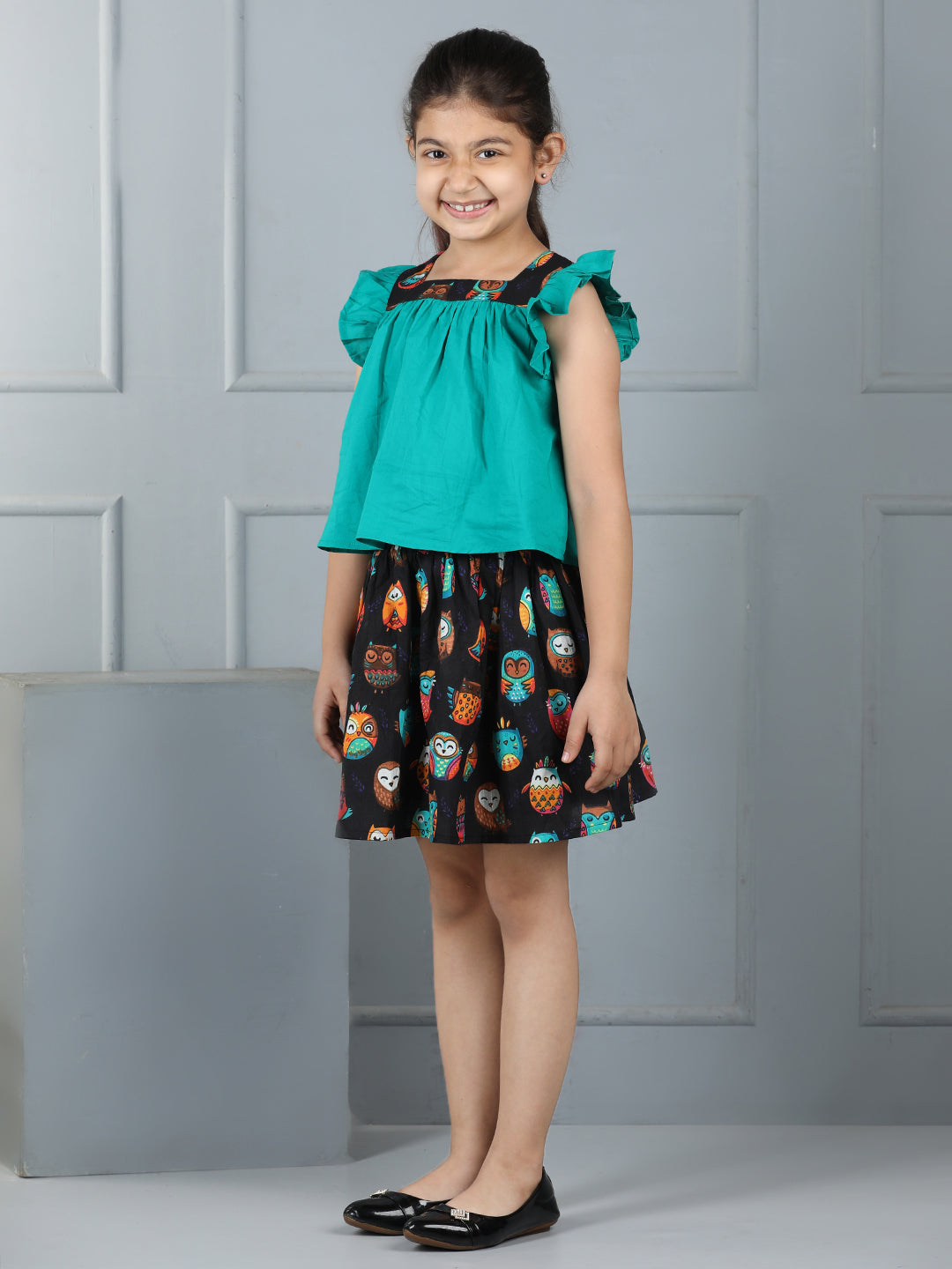 Girls Cotton Top with Owl Print Skirt – Trendy Green Ensemble - Pure, Chemical-Free Kidswear
