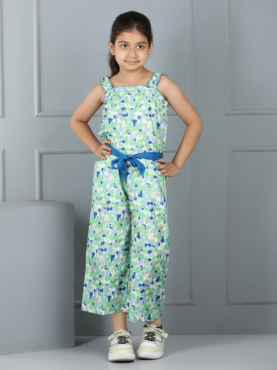 Girls Floral Print Jumpsuit – Shoulder Strap with Belt (Blue) - Pure, Chemical-Free Kidswear