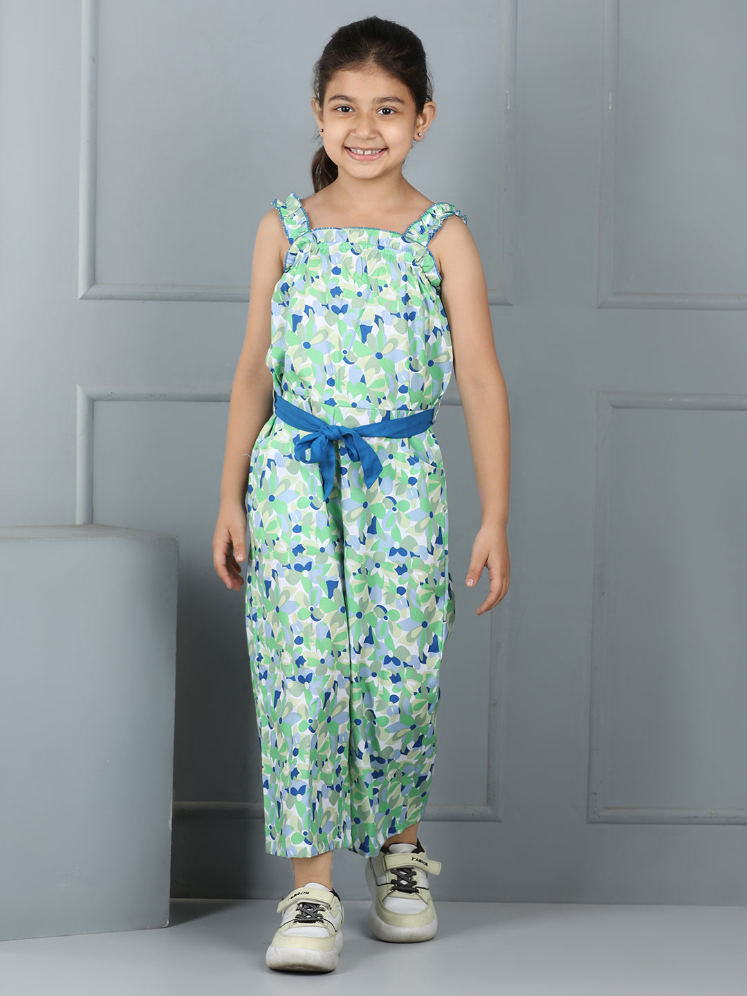 Girls Floral Print Jumpsuit – Shoulder Strap with Belt (Blue) - Pure, Chemical-Free Kidswear