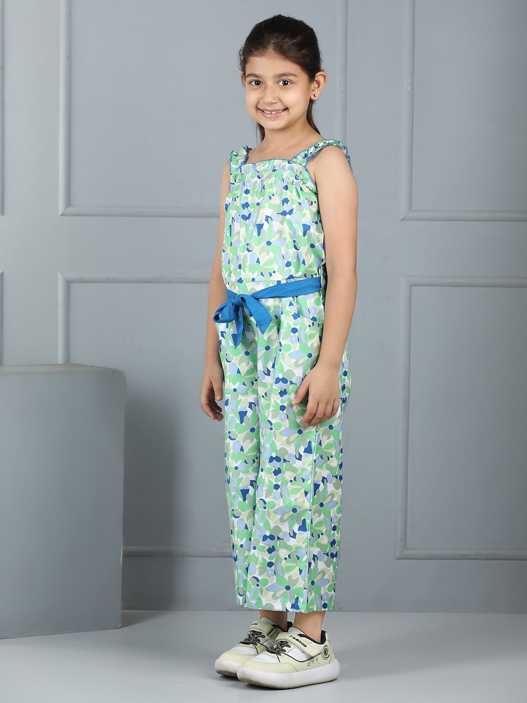 Girls Floral Print Jumpsuit – Shoulder Strap with Belt (Blue) - Pure, Chemical-Free Kidswear