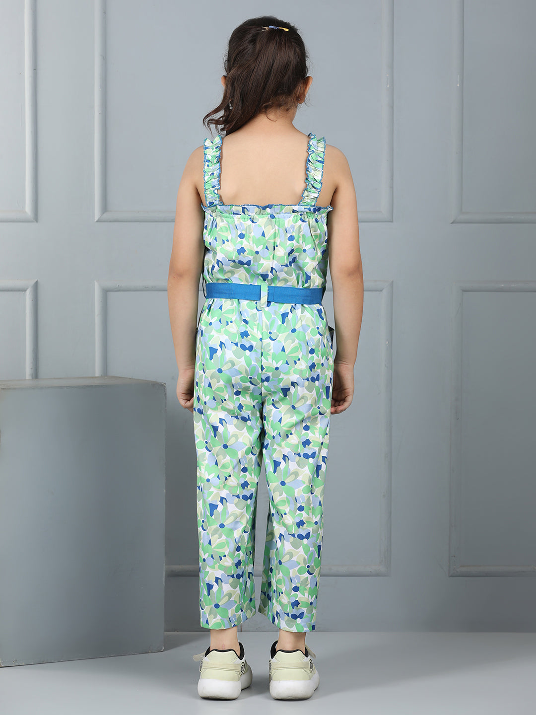 Girls Floral Print Jumpsuit – Shoulder Strap with Belt (Blue) - Pure, Chemical-Free Kidswear