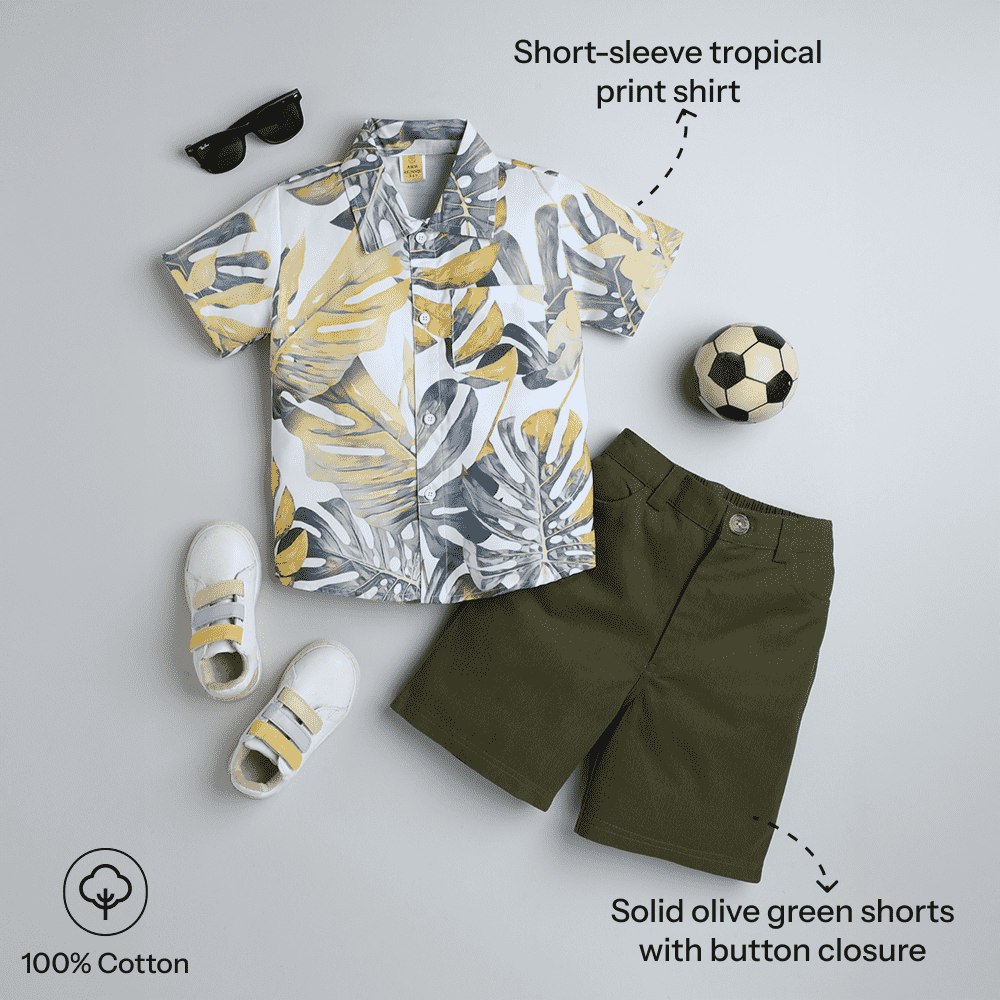 Boys Leaf Print Half-Sleeve Shirt & Bottom Set – Trendy Casual Wear - Pure, Chemical-Free Kidswear