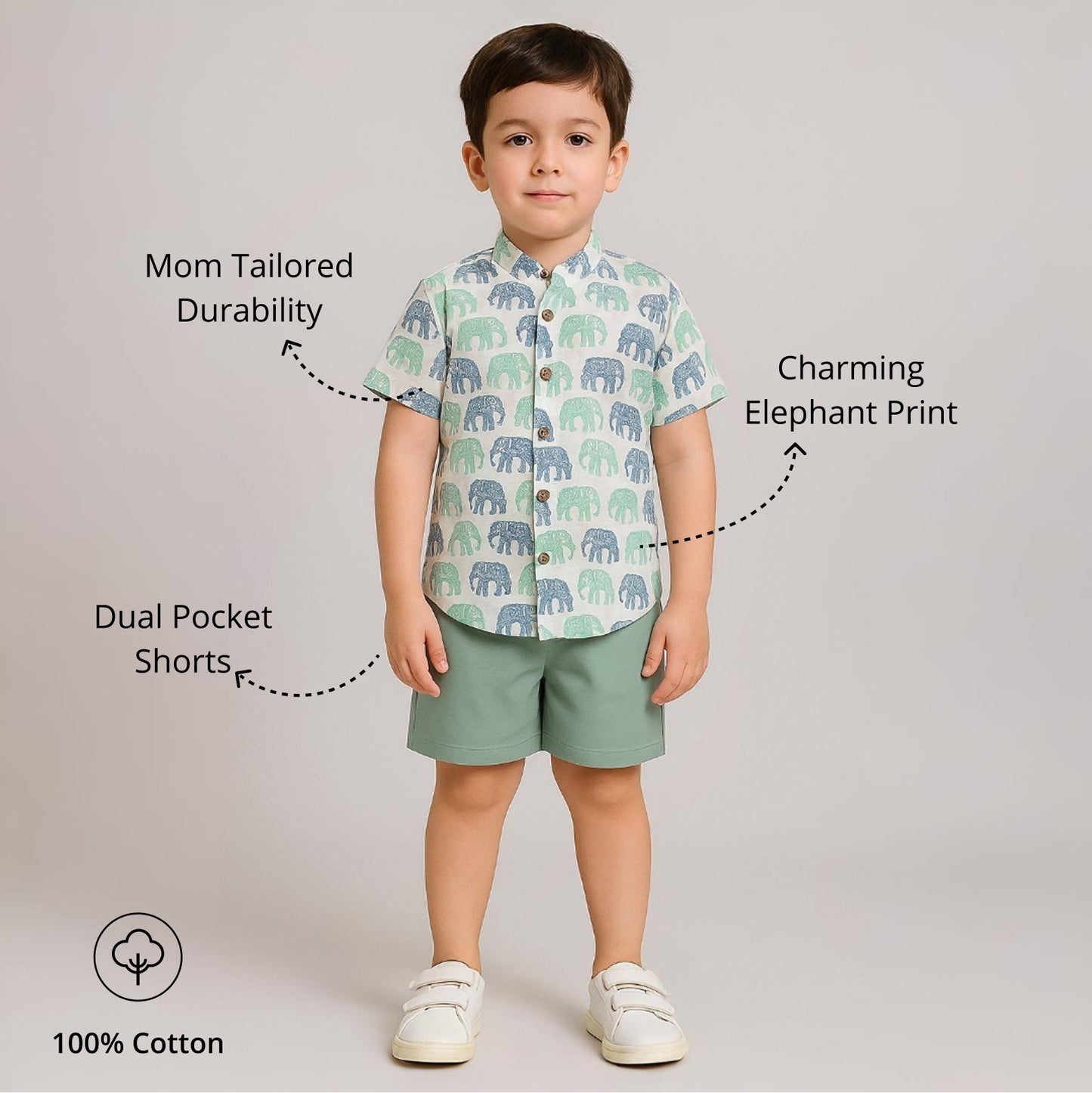 Elephant‑Print Cotton Shirt & Pocket Shorts Set | Aww Hunnie