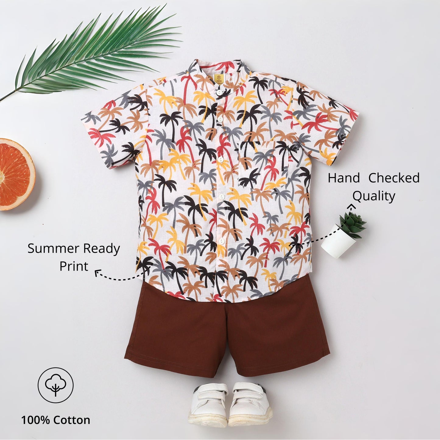 Palm‑Tree Print Cotton Shirt & Shorts Set for Boys | Aww Hunnie