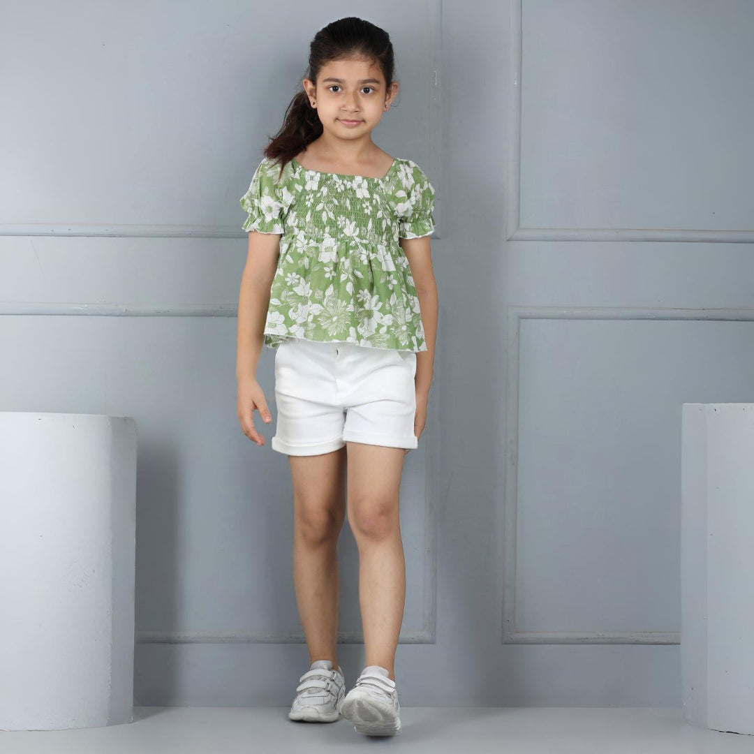 Aww Hunnie Girls’ Floral Peplum Top & 2-Pocket Shorts Set – Premium Cotton Playwear
