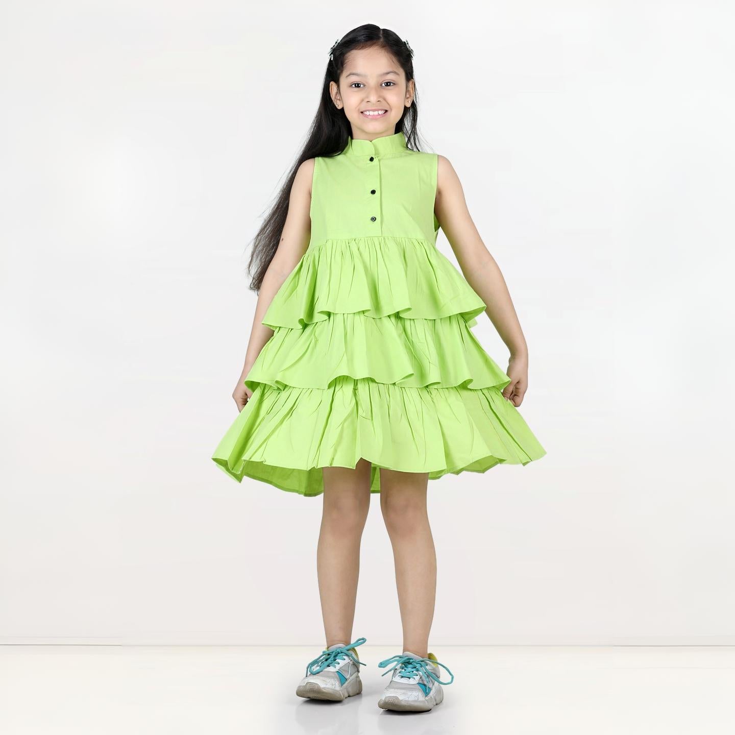Aww Hunnie Girls Pure Cotton Ruffle-Layer Knee-Length Summer Dress – 4 Vibrant Colors