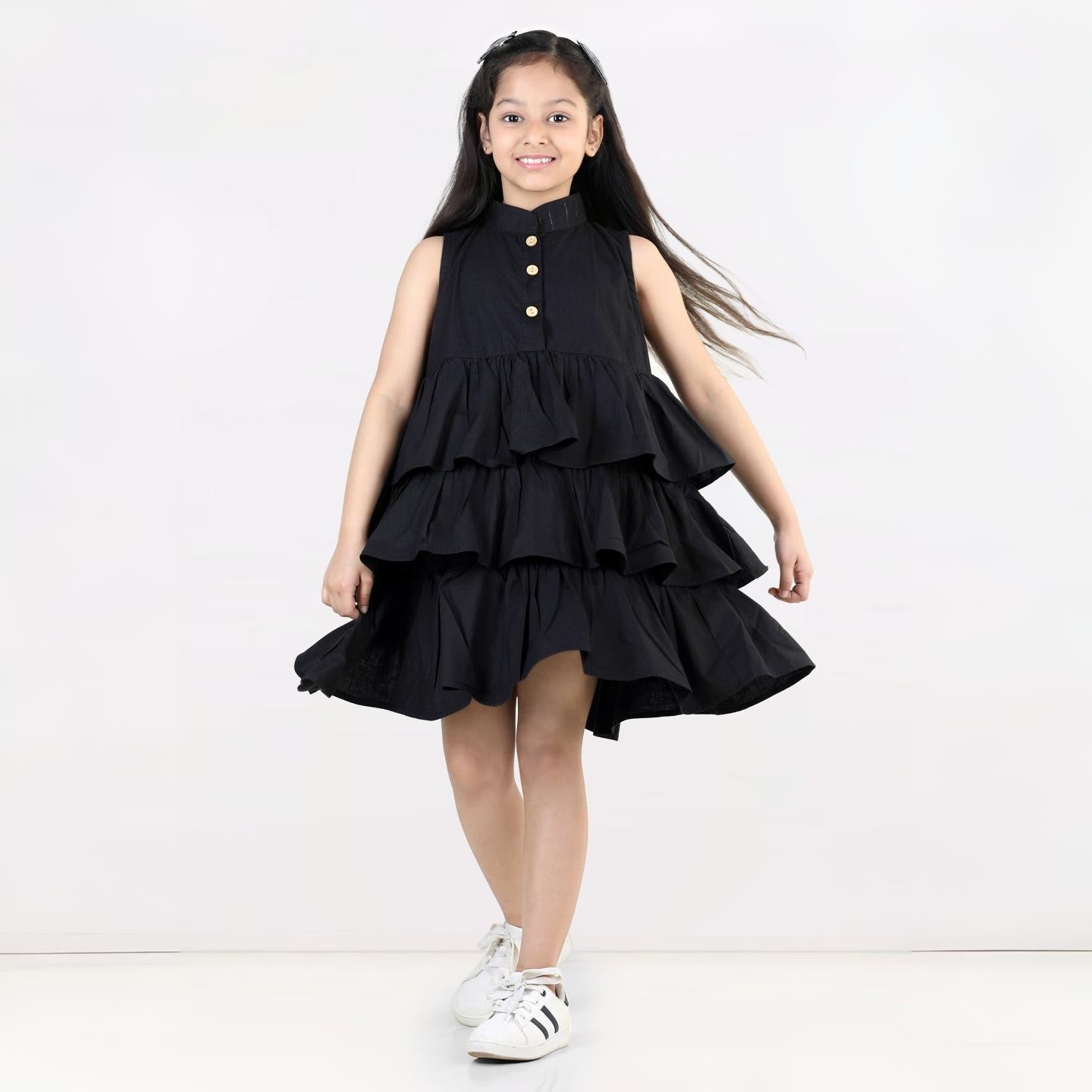 Aww Hunnie Girls Pure Cotton Ruffle-Layer Knee-Length Summer Dress – 4 Vibrant Colors