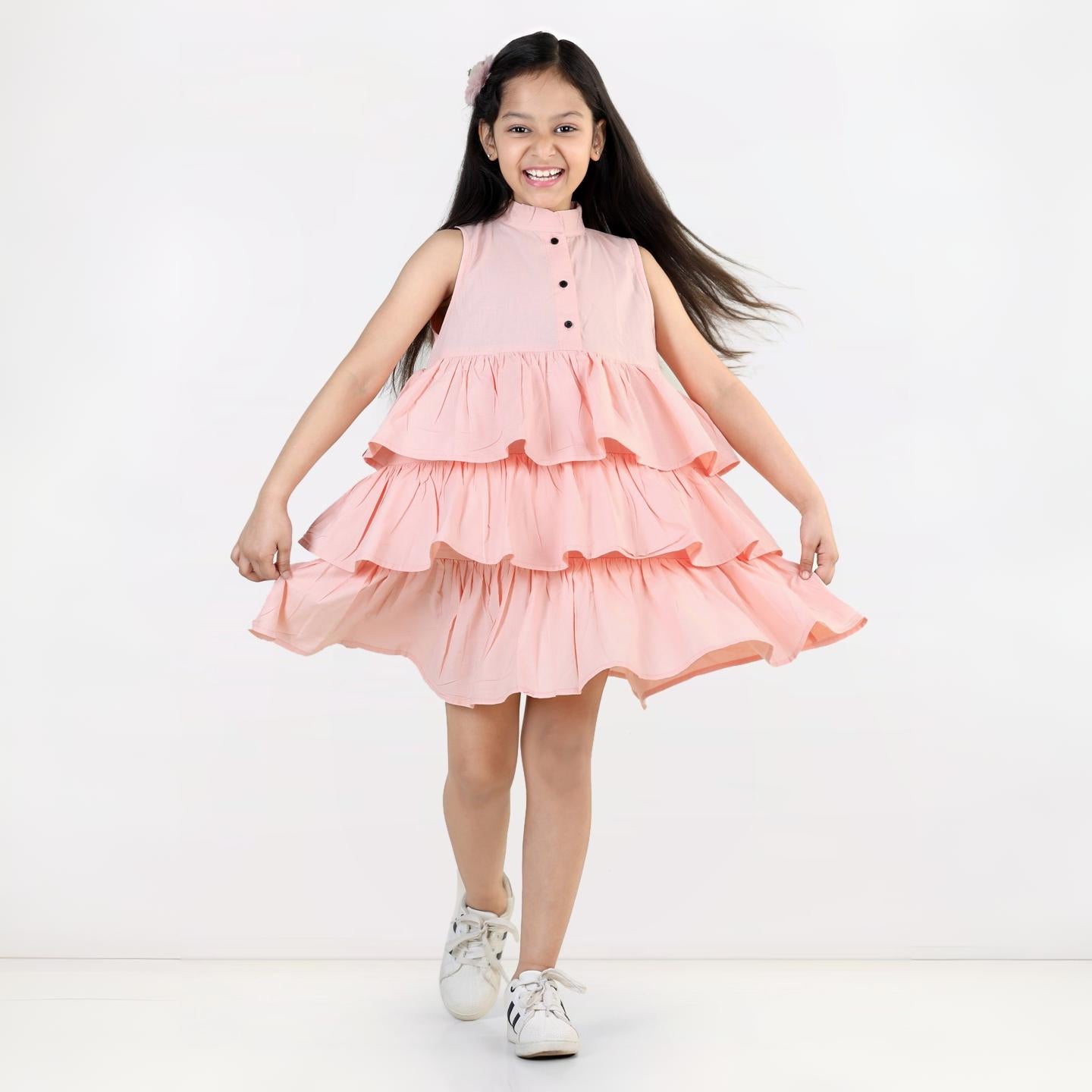 Aww Hunnie Girls Pure Cotton Ruffle-Layer Knee-Length Summer Dress – 4 Vibrant Colors