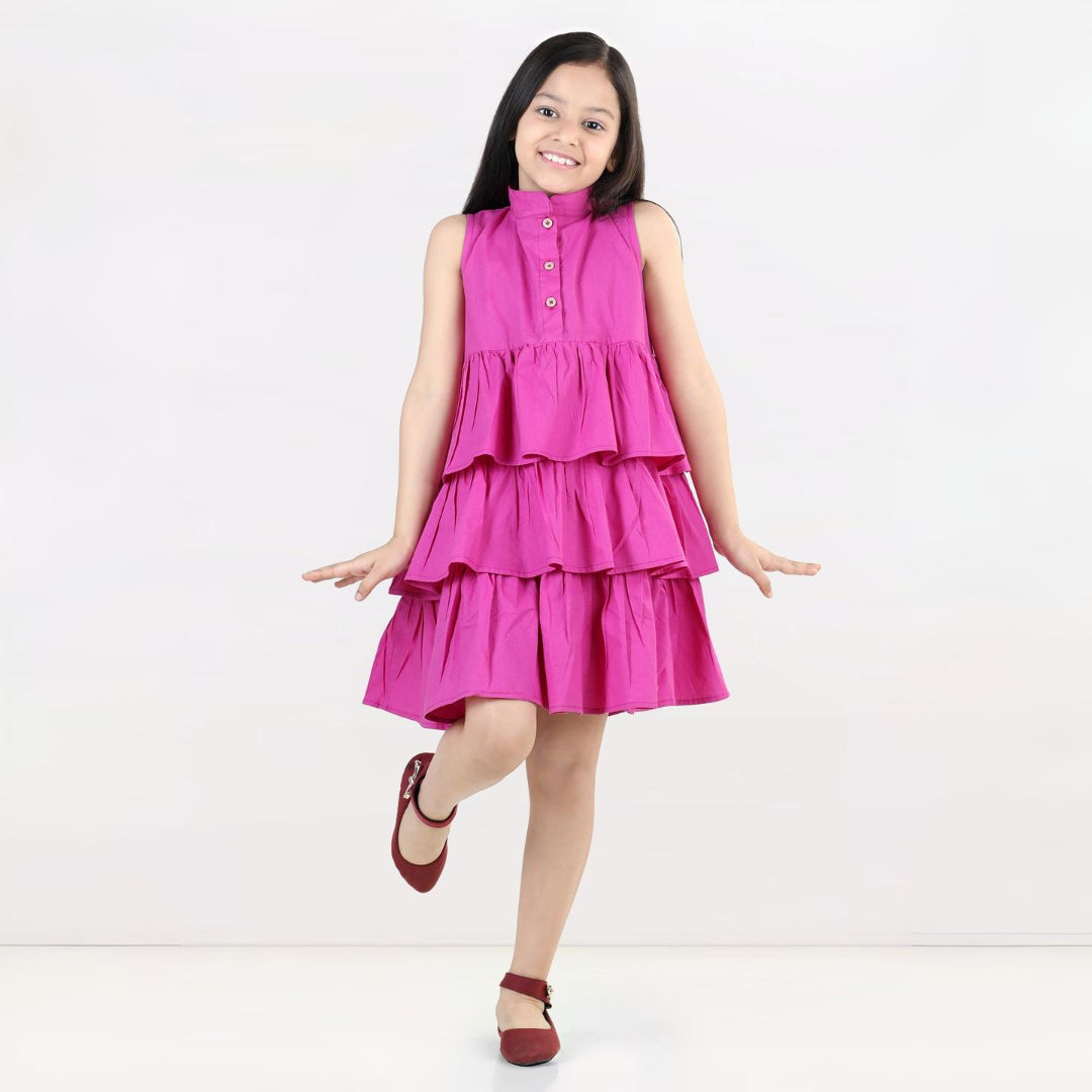 Aww Hunnie Girls Pure Cotton Ruffle-Layer Knee-Length Summer Dress – 4 Vibrant Colors