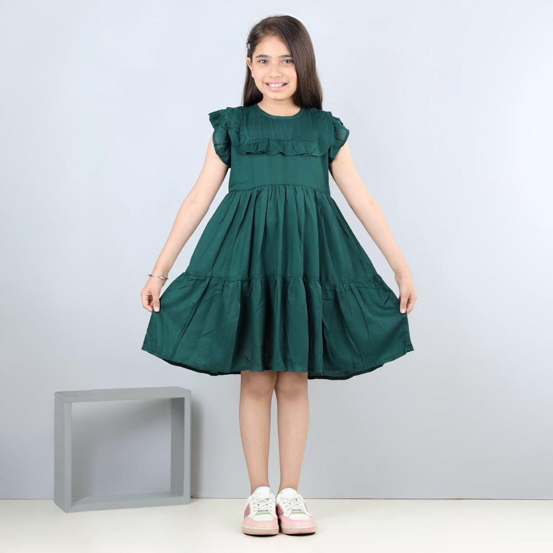 Aww Hunnie Girls Pure Cotton Sleeveless Knee-Length Summer Dress – Green & Mustard