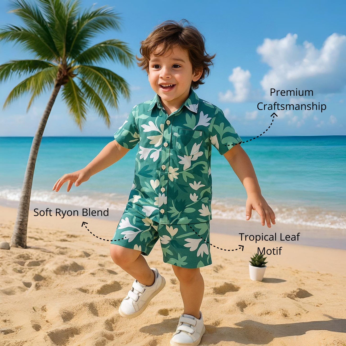 Green Leaf‑Print Ryon Shirt & Shorts Set | Aww Hunnie Kidswear