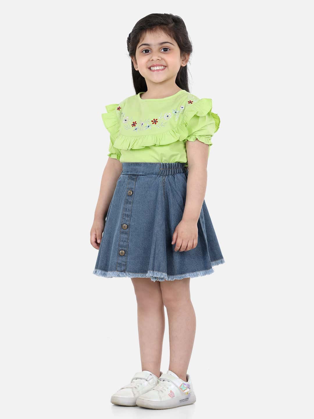 Aww Hunnie Cotton Half Sleeves Embrodery Top With Denim Skirt Set-Chic and Casual - Pure, Chemical-Free Kidswear