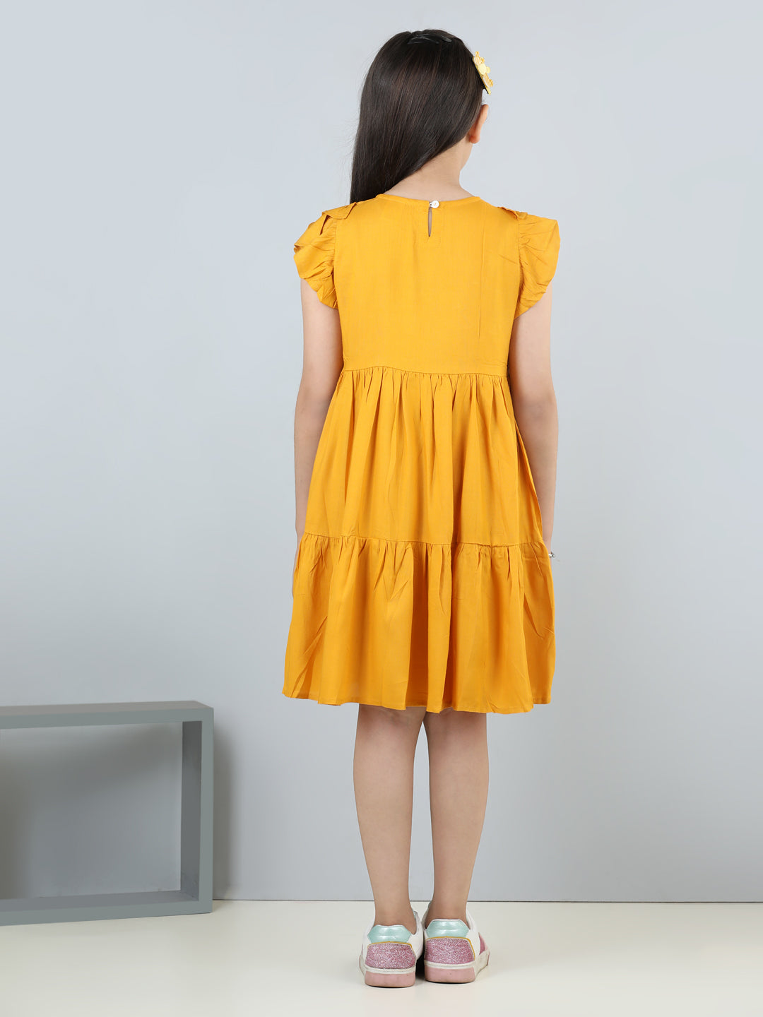 Aww Hunnie Girls Pure Cotton Sleeveless Knee-Length Summer Dress – Green & Mustard