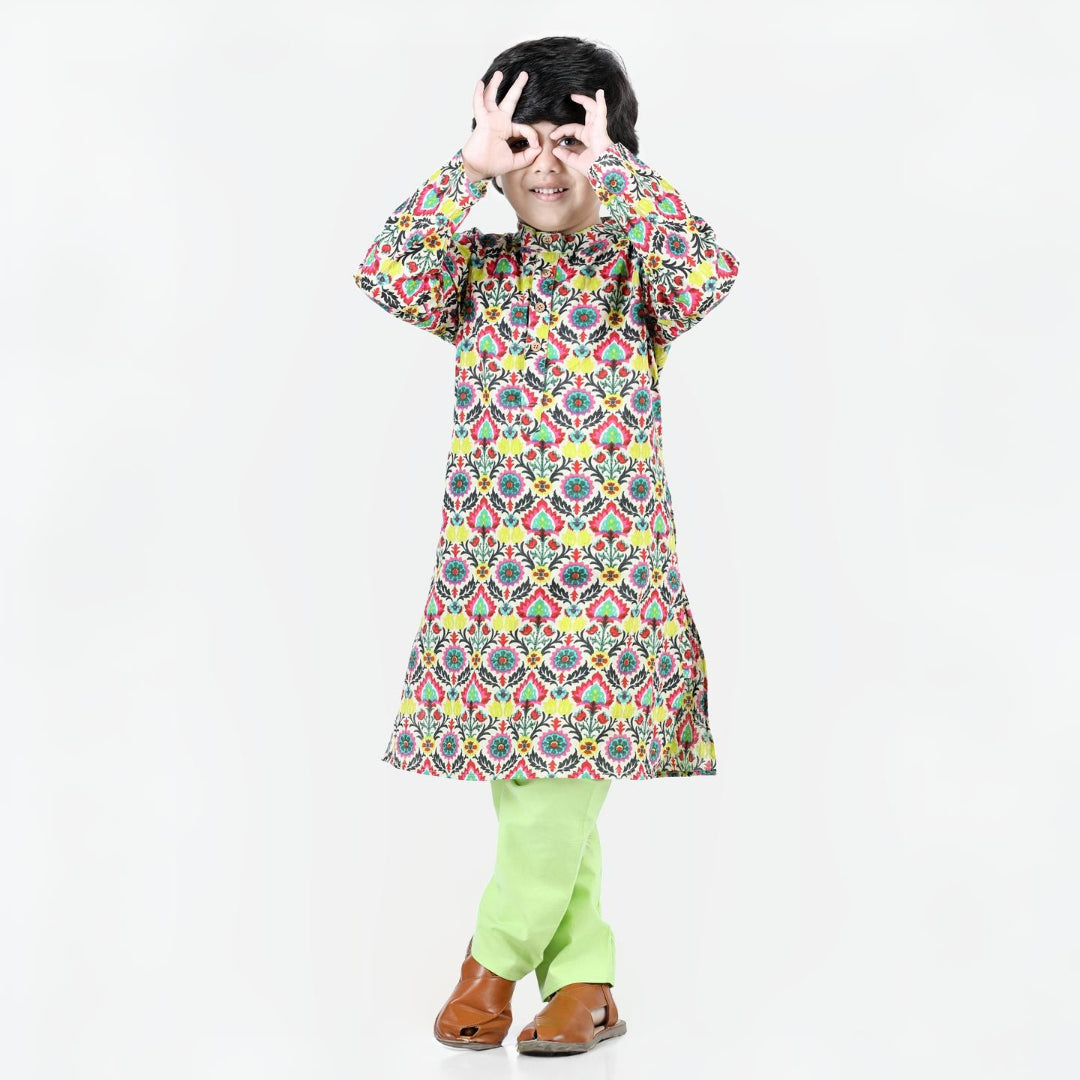 Aww Hunnie Boys Jaipuri Cotton Kurta & Green Pajama Set – Organic Kidswear