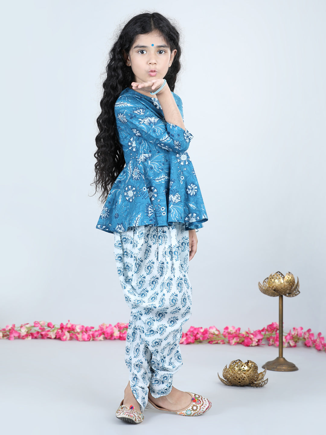 Aww Hunnie Girls Blue Jaipuri Cotton Peplum Top & Dhoti Set β Premium Festive Wear