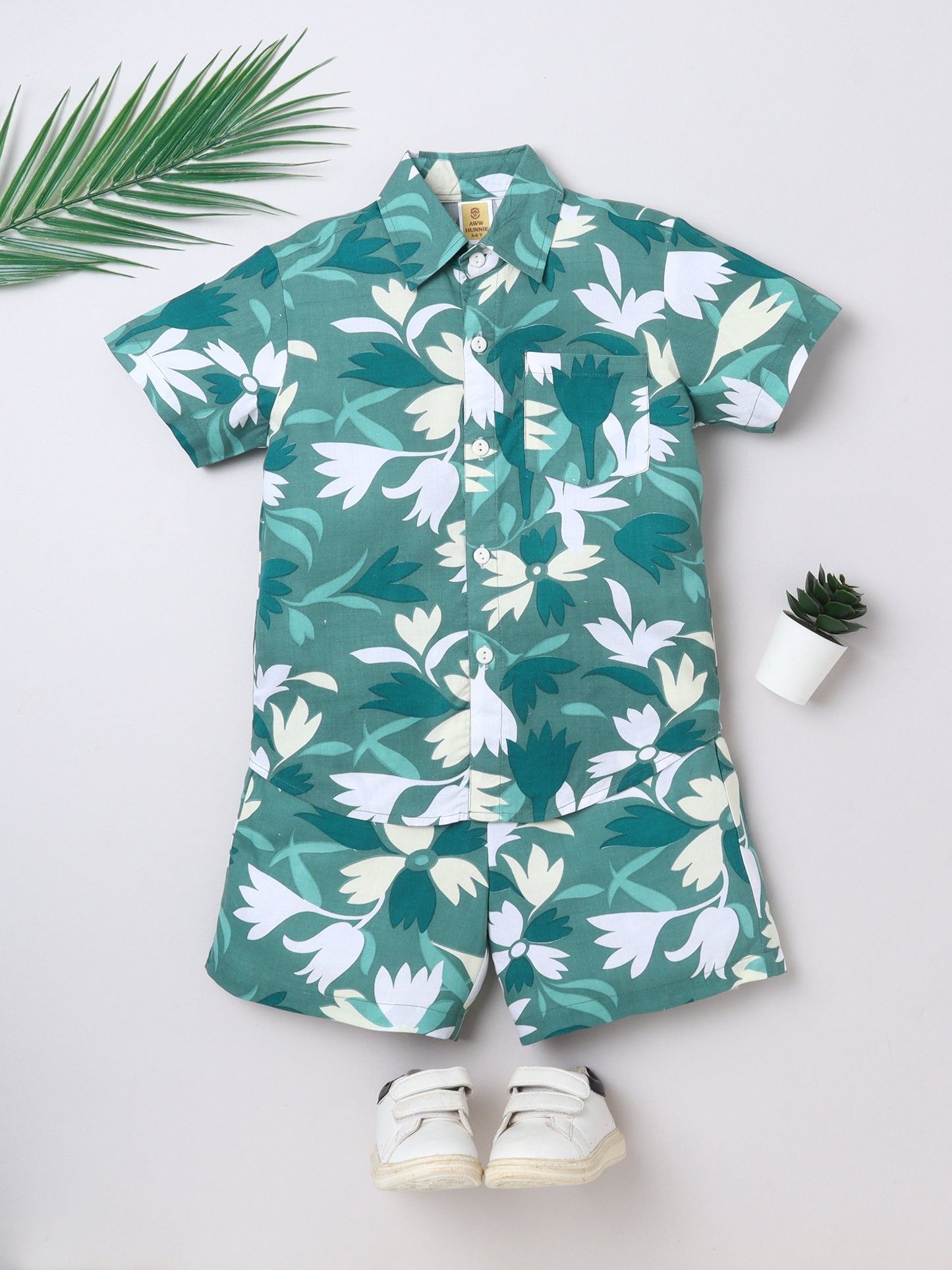 Green Leaf‑Print Ryon Shirt & Shorts Set | Aww Hunnie Kidswear
