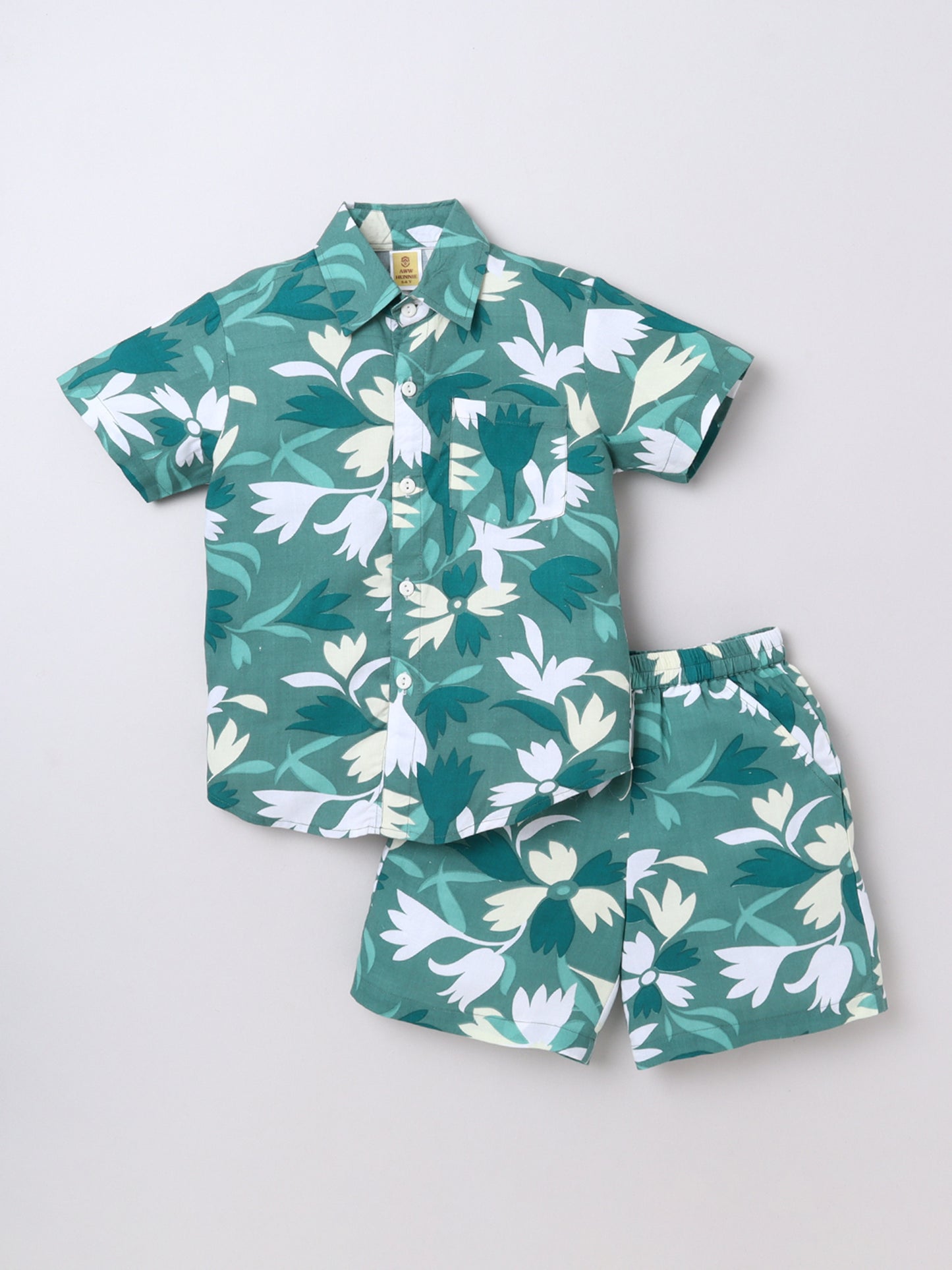 Green Leaf‑Print Ryon Shirt & Shorts Set | Aww Hunnie Kidswear