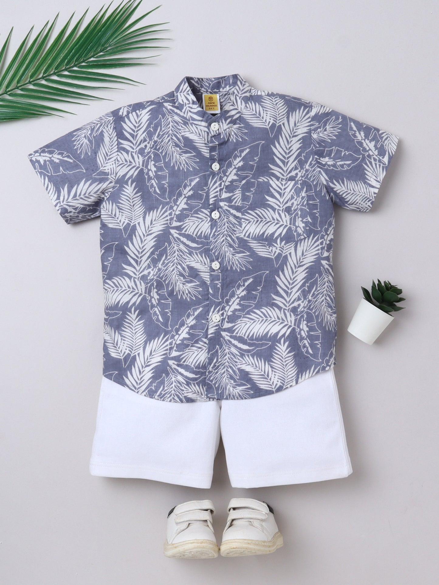 Leaf‑Print Cotton Shirt & Shorts Set for Kids | Aww Hunnie