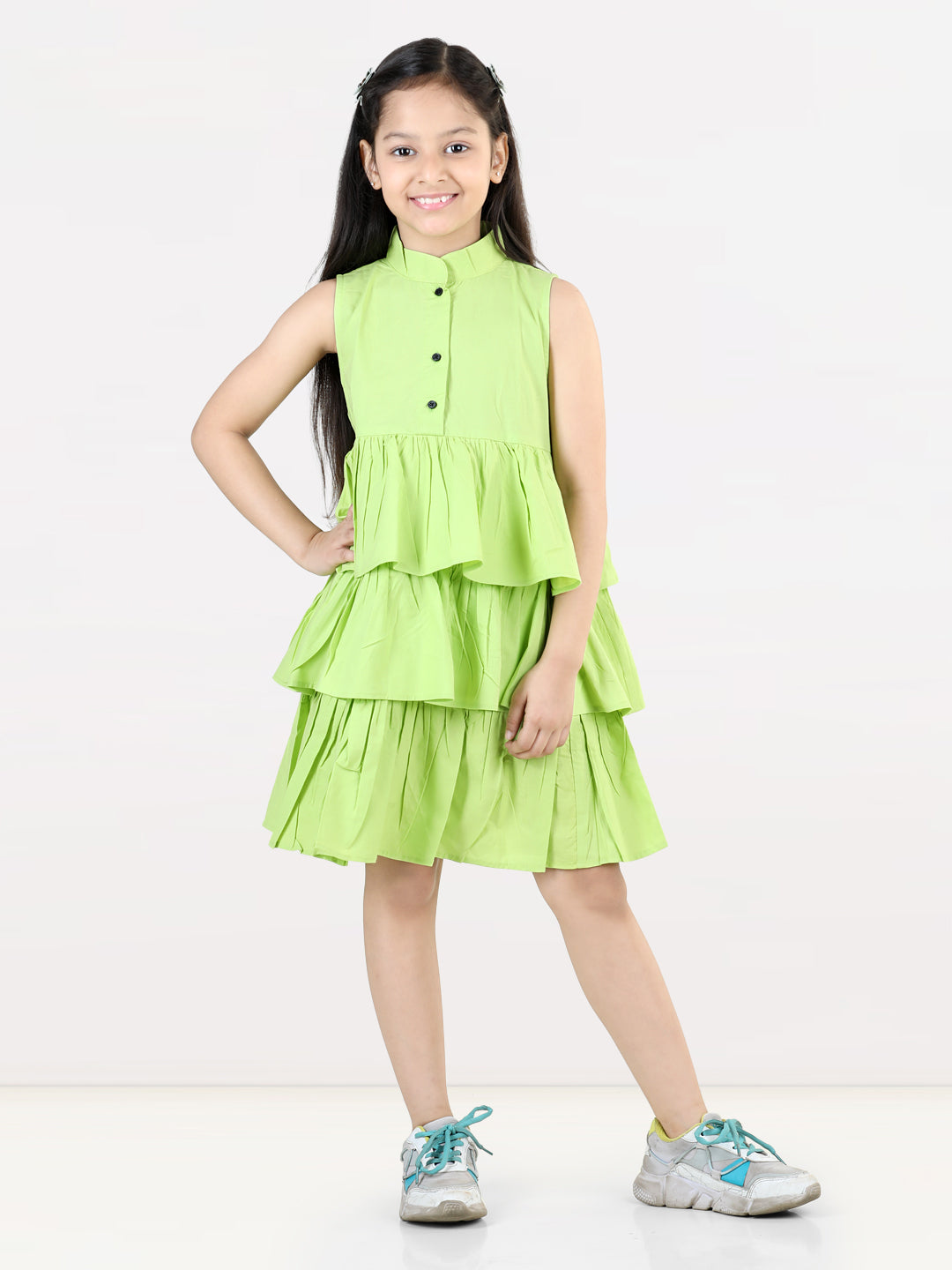 Aww Hunnie Girls Pure Cotton Ruffle-Layer Knee-Length Summer Dress – 4 Vibrant Colors