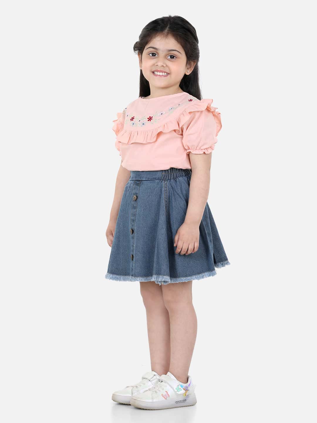 Aww Hunnie Cotton Half Sleeves Embrodery Top With Denim Skirt Set-Chic and Casual - Pure, Chemical-Free Kidswear