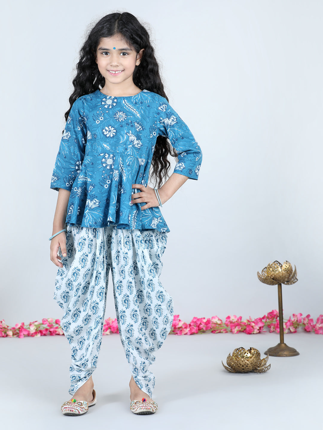 Aww Hunnie Girls Blue Jaipuri Cotton Peplum Top & Dhoti Set β Premium Festive Wear
