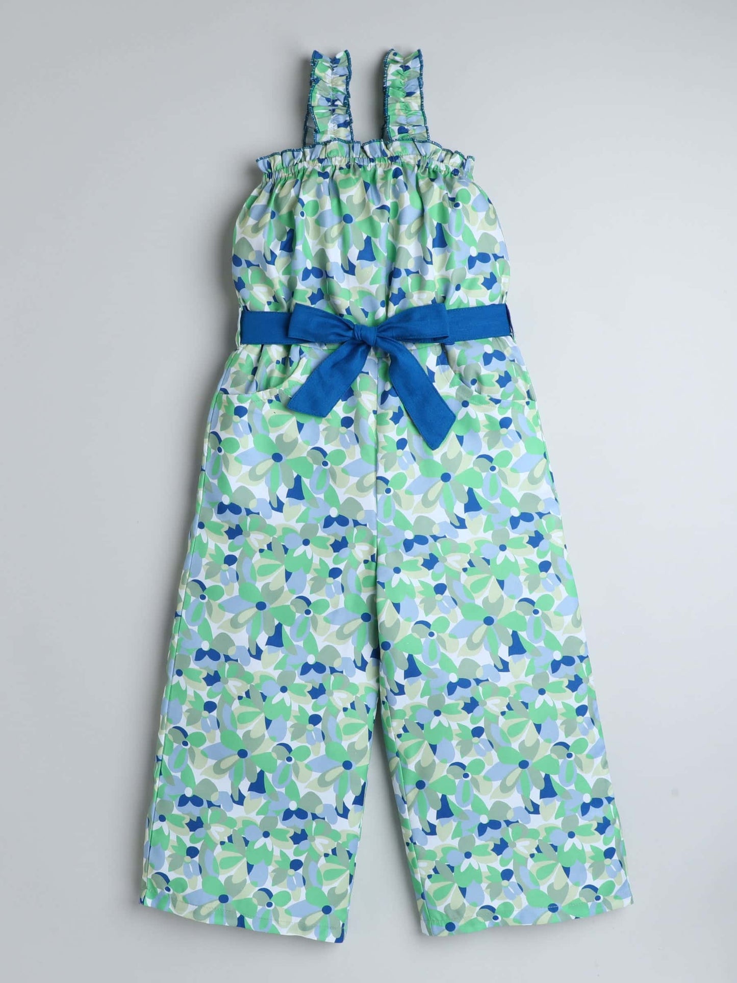 Girls Floral Print Jumpsuit – Shoulder Strap with Belt (Blue) - Pure, Chemical-Free Kidswear