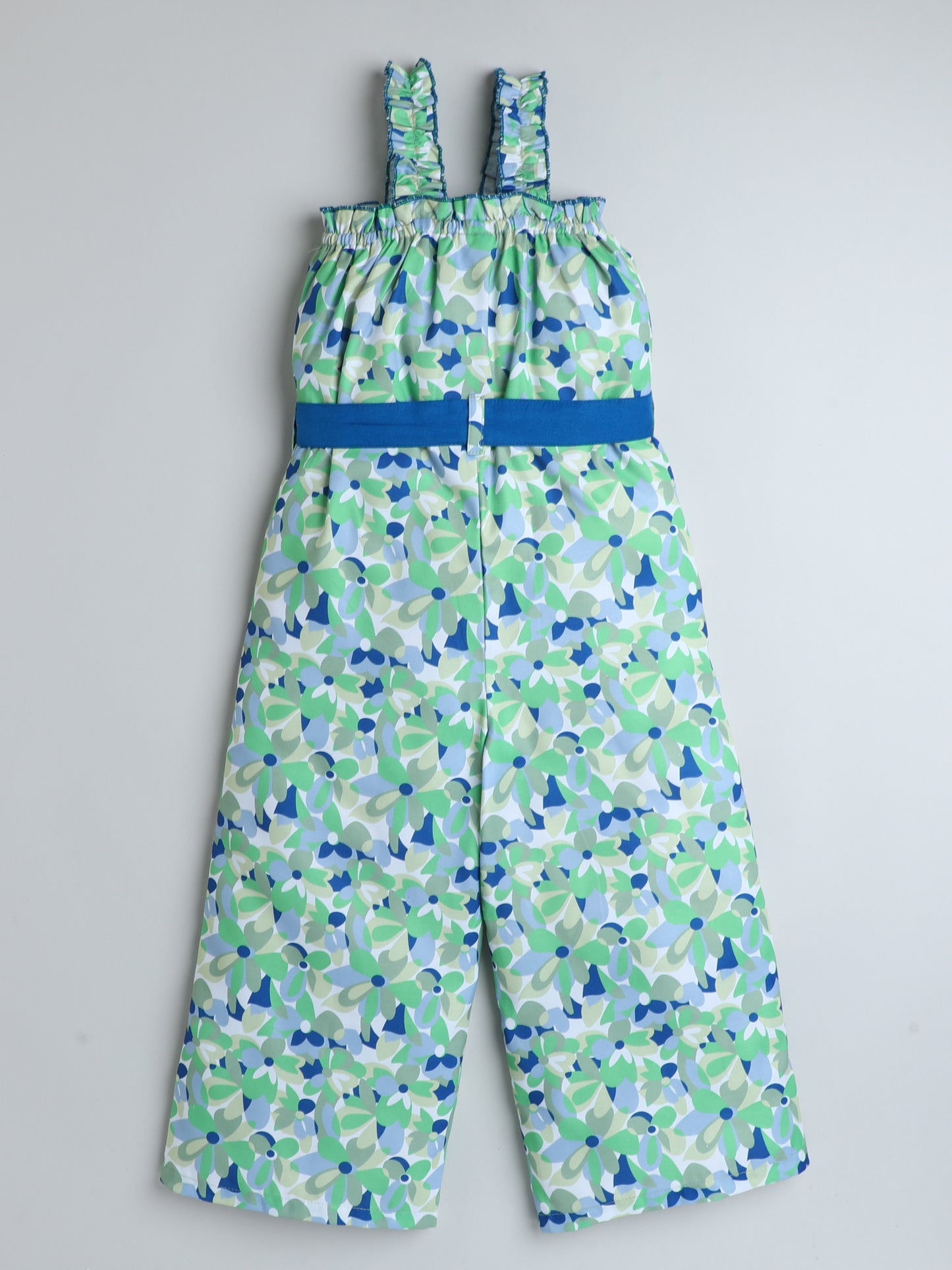 Girls Floral Print Jumpsuit – Shoulder Strap with Belt (Blue) - Pure, Chemical-Free Kidswear