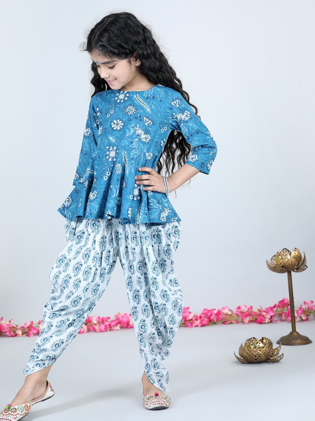 Aww Hunnie Girls Blue Jaipuri Cotton Peplum Top & Dhoti Set β Premium Festive Wear