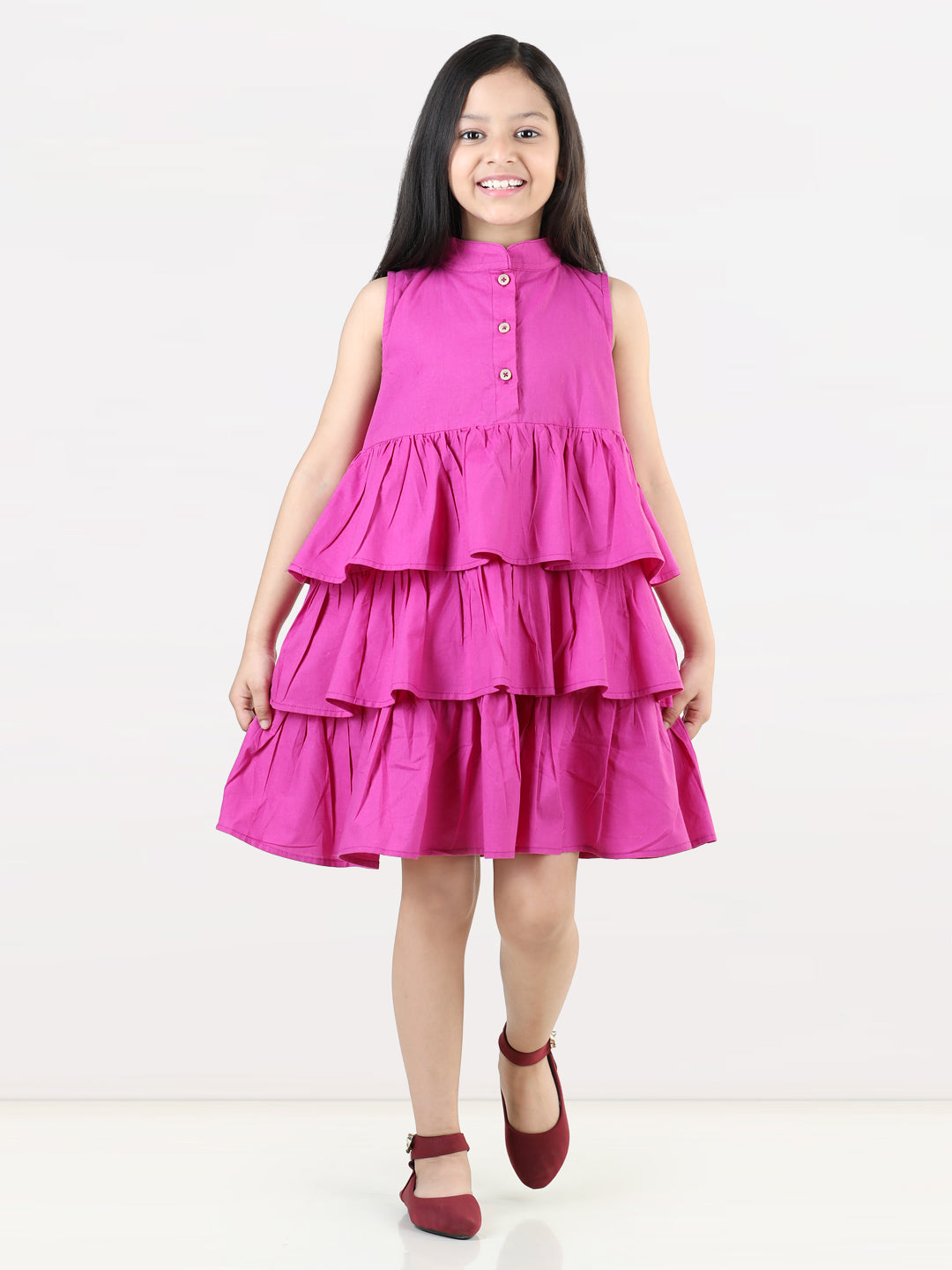 Aww Hunnie Girls Pure Cotton Ruffle-Layer Knee-Length Summer Dress – 4 Vibrant Colors
