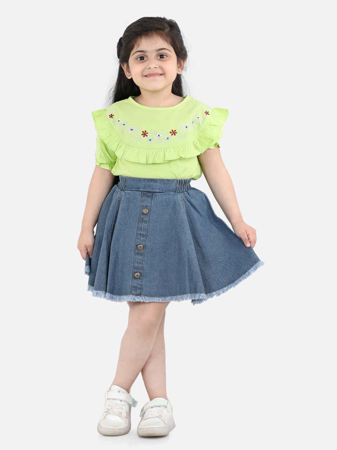 Aww Hunnie Cotton Half Sleeves Embrodery Top With Denim Skirt Set-Chic and Casual - Pure, Chemical-Free Kidswear