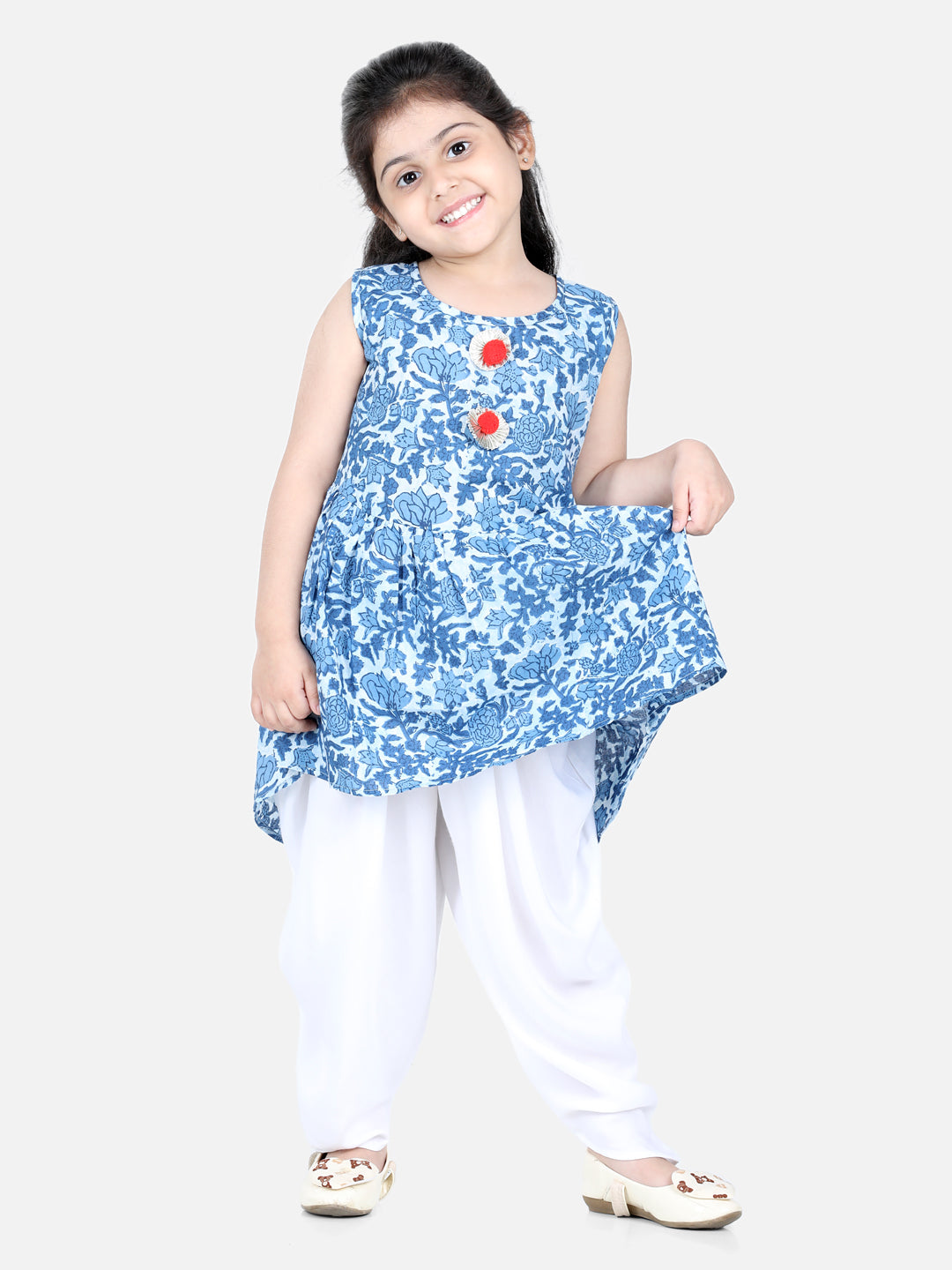 Aww Hunnie Jaipuri Print Cotton Floral Kurti & Dhoti Set for Girls