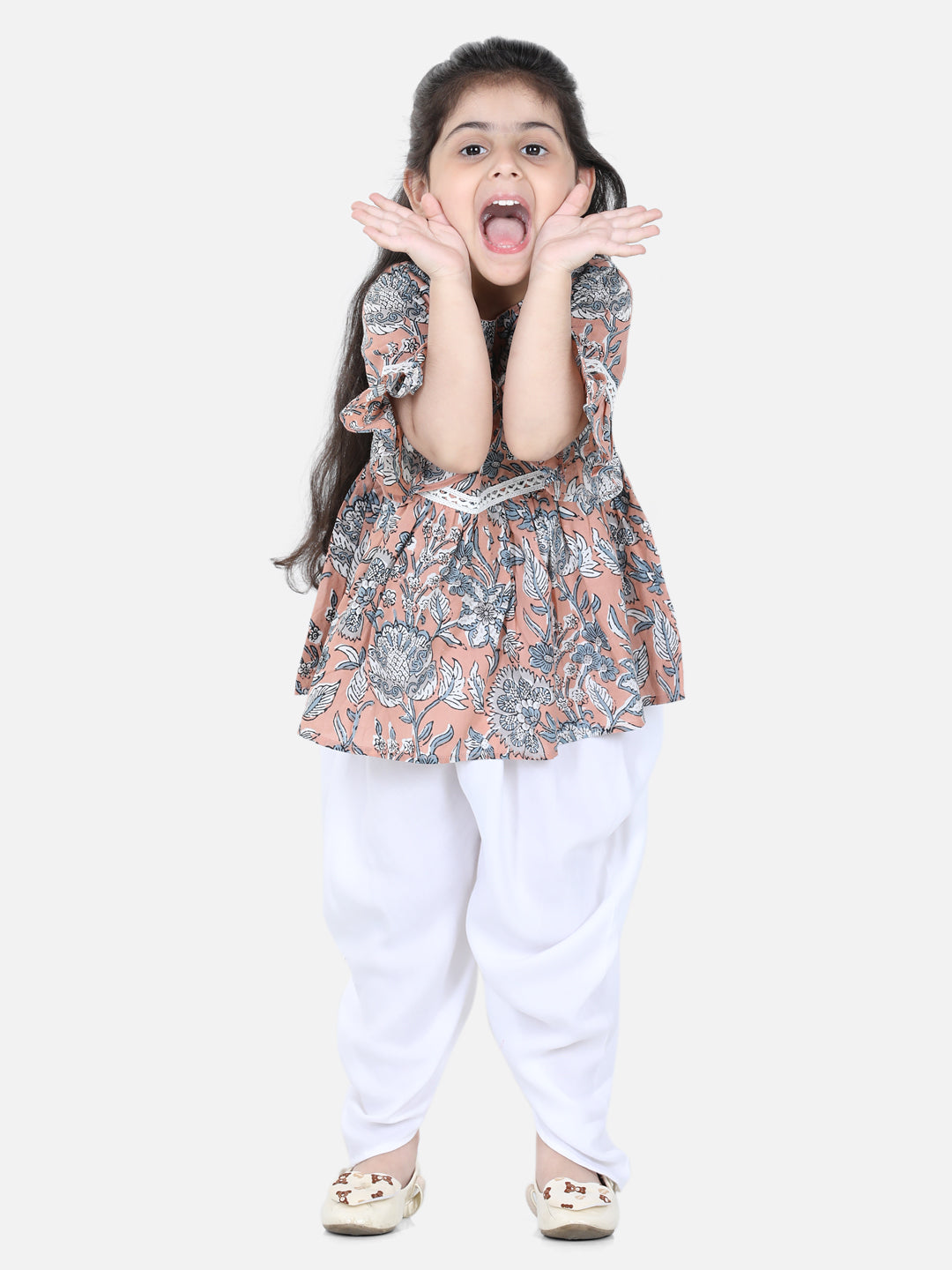 Aww Hunnie Jaipuri Print Cotton Floral Kurti & Dhoti Set for Girls
