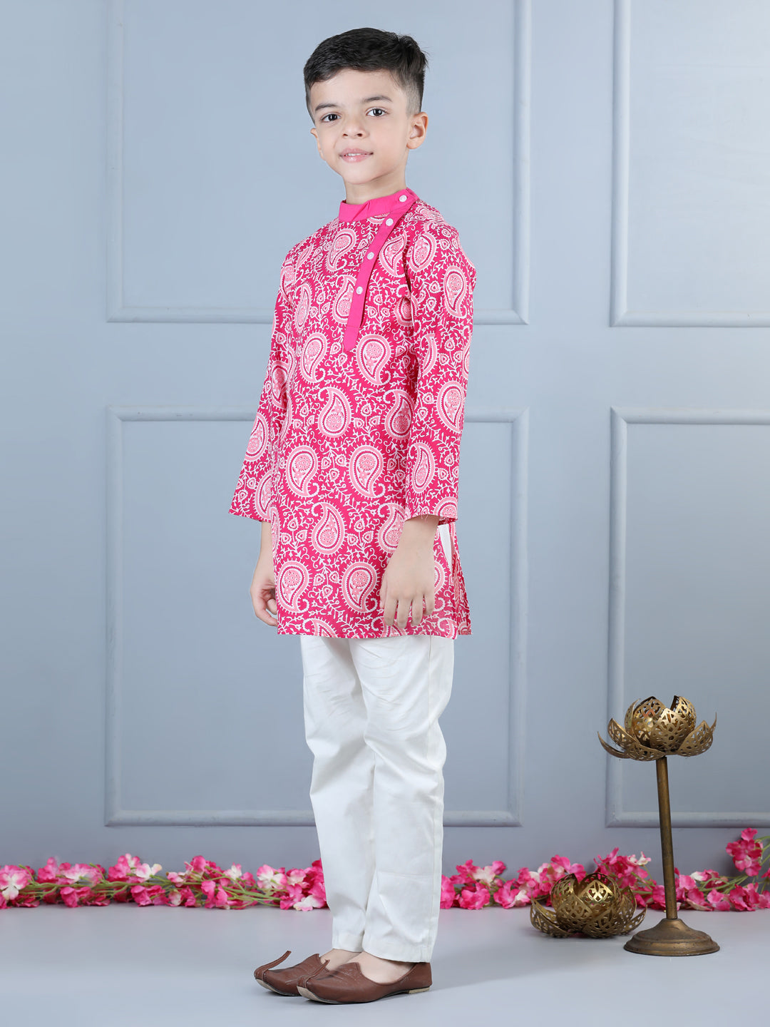 Aww Hunnie Boys Cotton Printed Mandarin Collar Kurta & Side-Button Pajama Set (1–12 yrs)