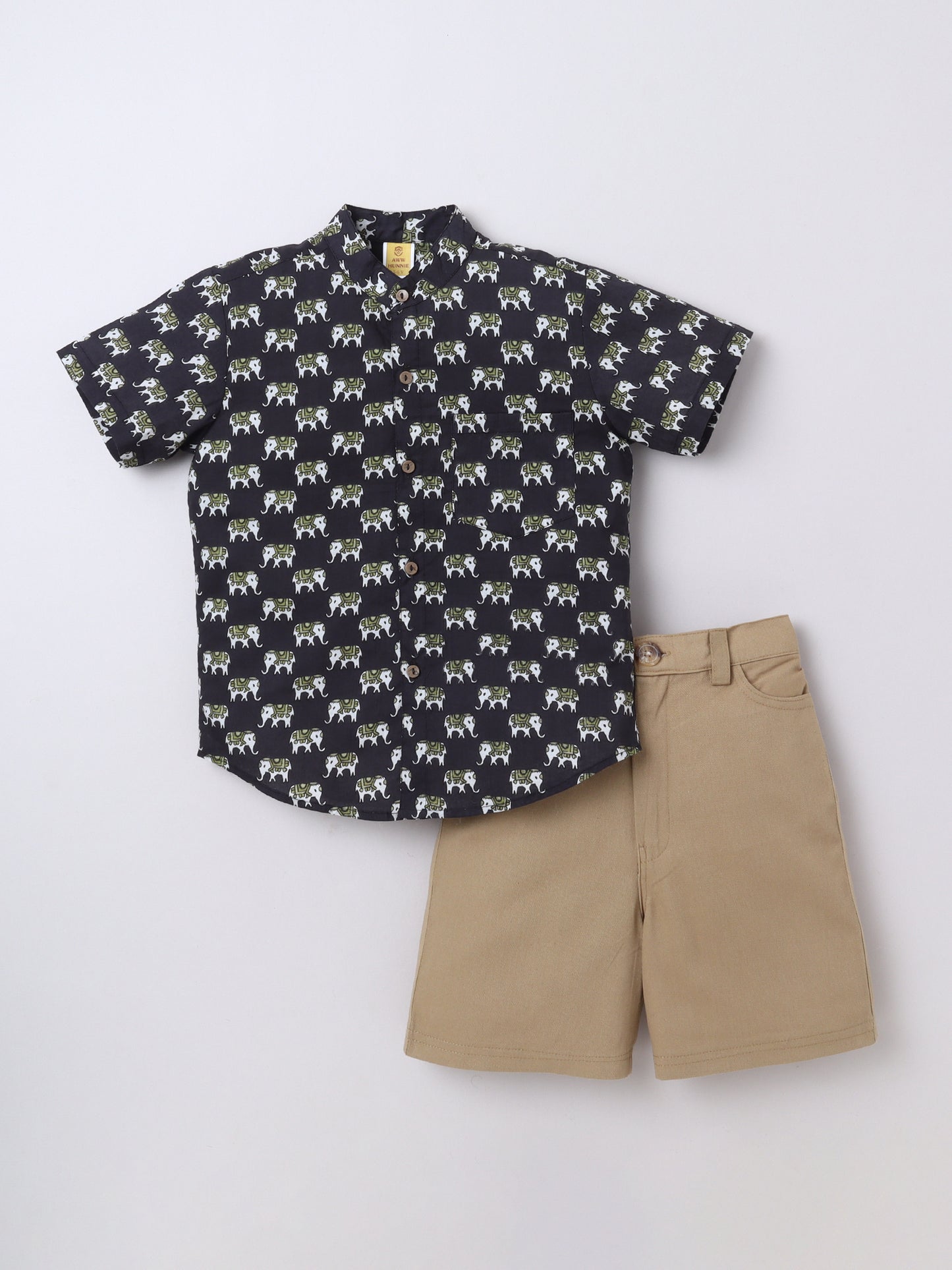 Black Elephant‑Print Cotton Shirt & Shorts Set | Aww Hunnie