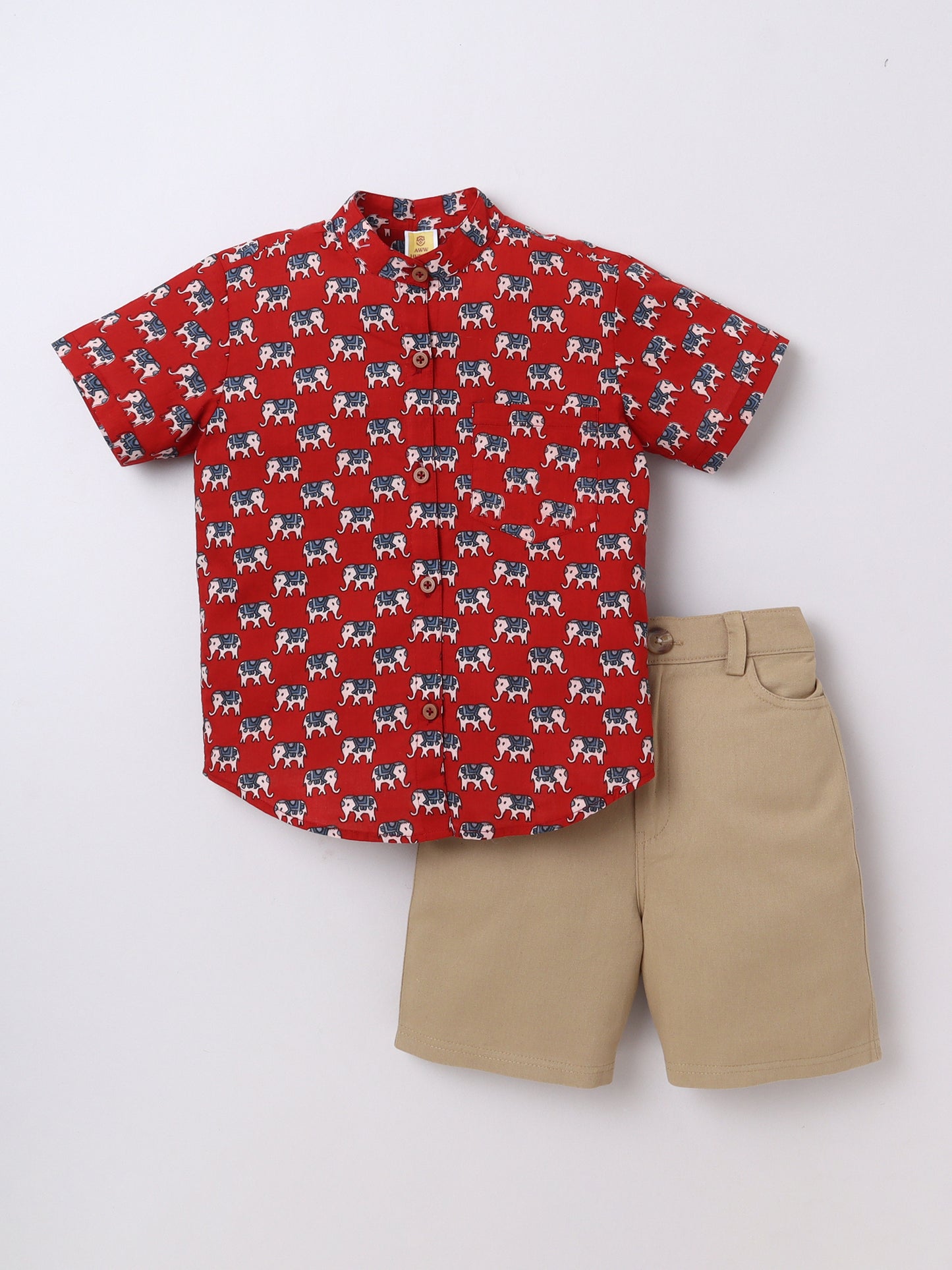Maroon Elephant‑Print Cotton Shirt & Shorts Set | Aww Hunnie