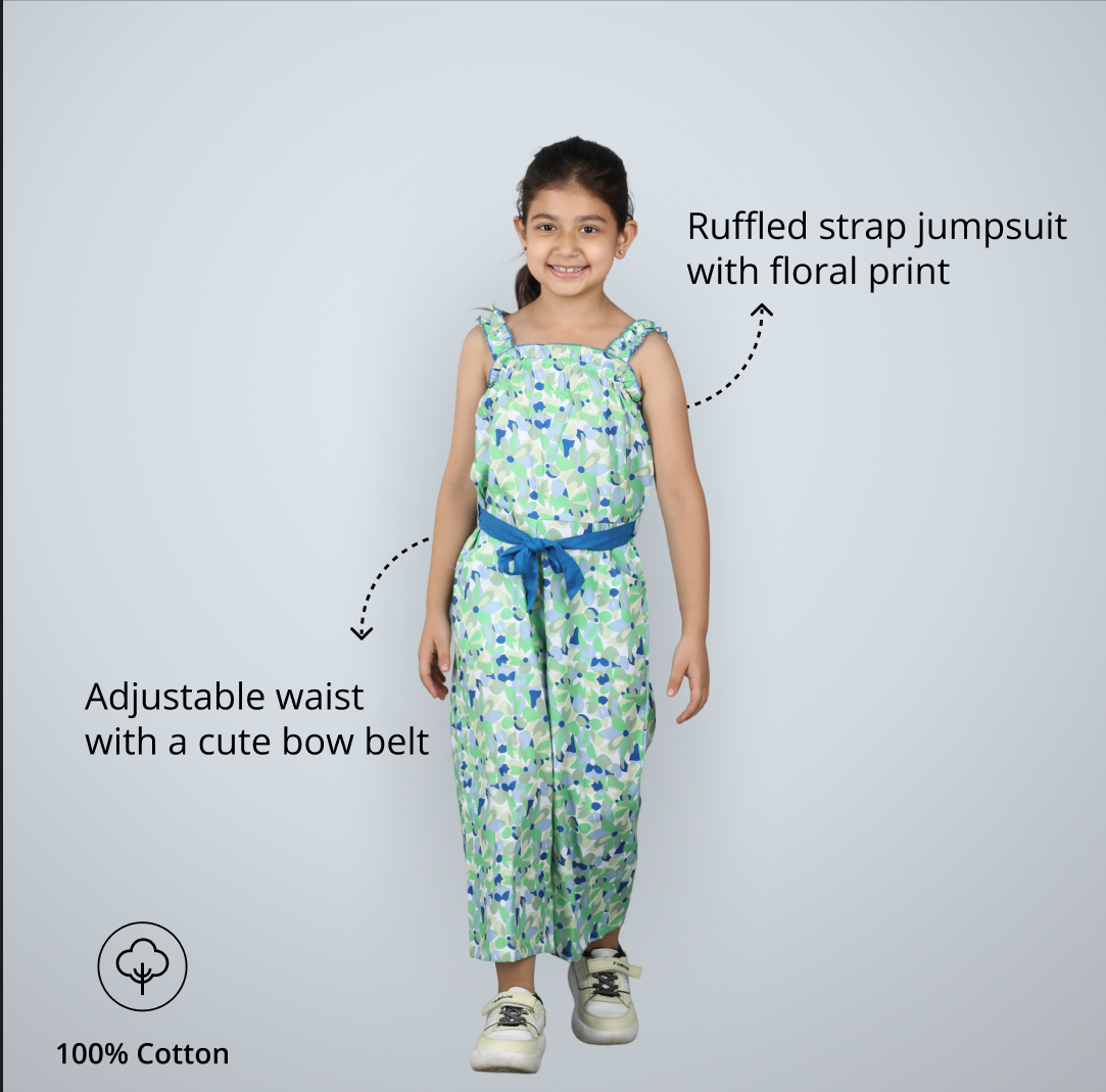 Girls Floral Print Jumpsuit – Shoulder Strap with Belt (Blue) - Pure, Chemical-Free Kidswear