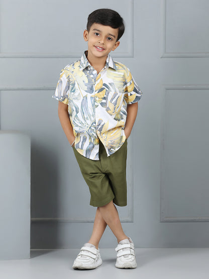 Boys Leaf Print Half-Sleeve Shirt & Bottom Set – Trendy Casual Wear - Pure, Chemical-Free Kidswear