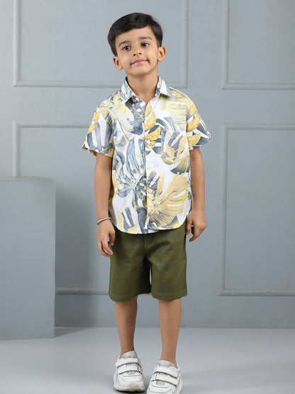 Boys Leaf Print Half-Sleeve Shirt & Bottom Set – Trendy Casual Wear - Pure, Chemical-Free Kidswear