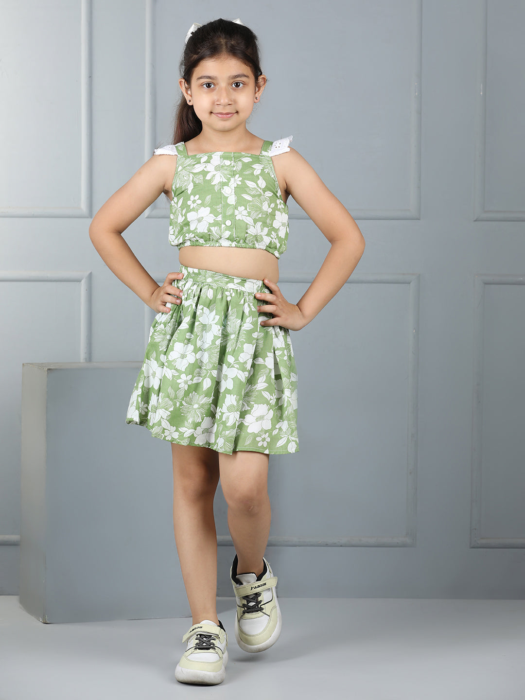Girls Floral Print Button Top & Skirt Set – Chic and Casual - Pure, Chemical-Free Kidswear