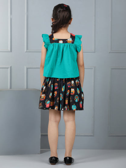 Girls Cotton Top with Owl Print Skirt – Trendy Green Ensemble - Pure, Chemical-Free Kidswear