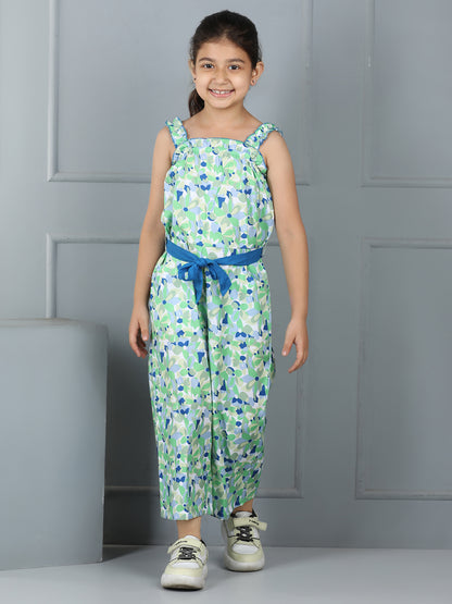 Girls Floral Print Jumpsuit – Shoulder Strap with Belt (Blue) - Pure, Chemical-Free Kidswear