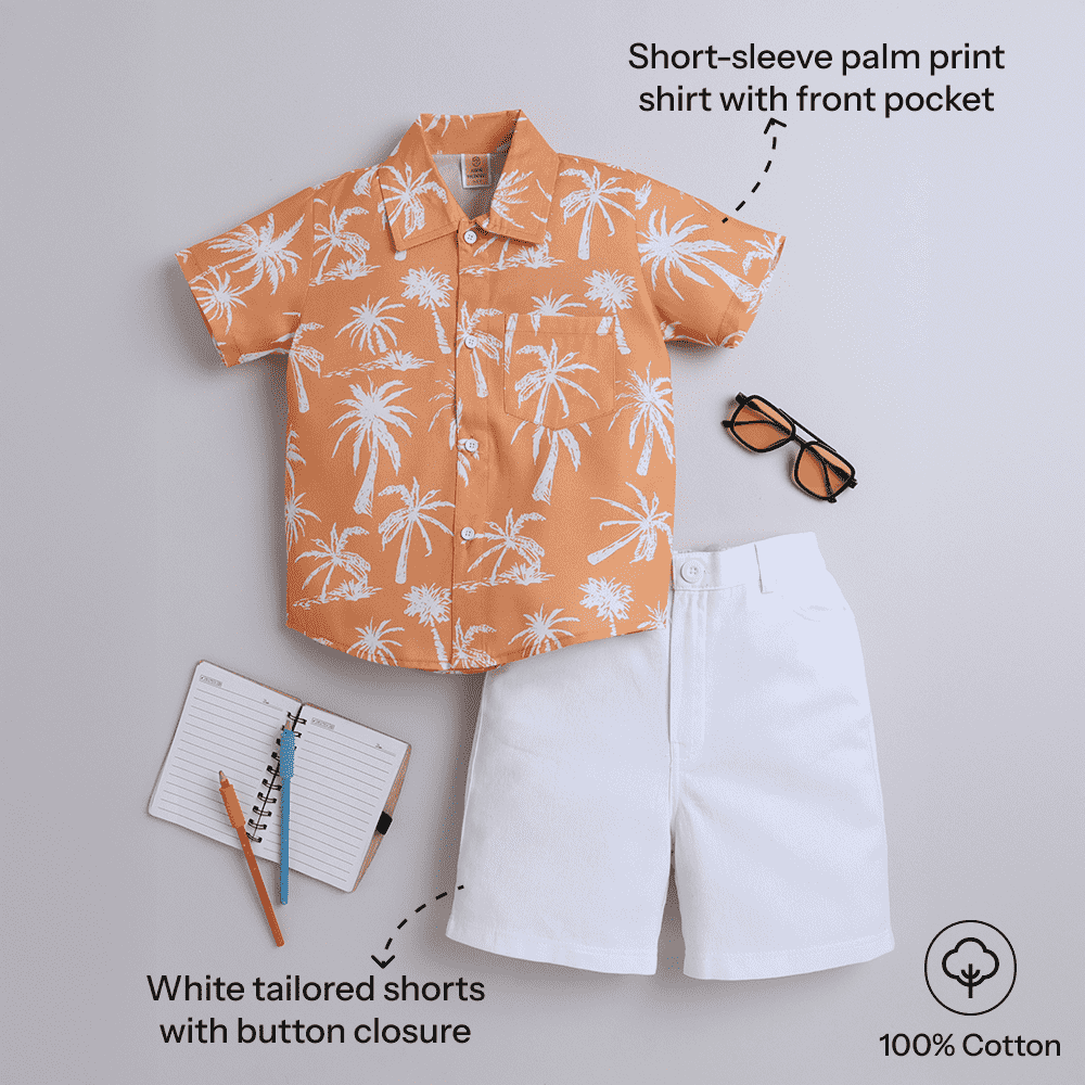 Boys Leaf Print Half-Sleeve Shirt & Bottom Set – Trendy Casual Wear - Pure, Chemical-Free Kidswear
