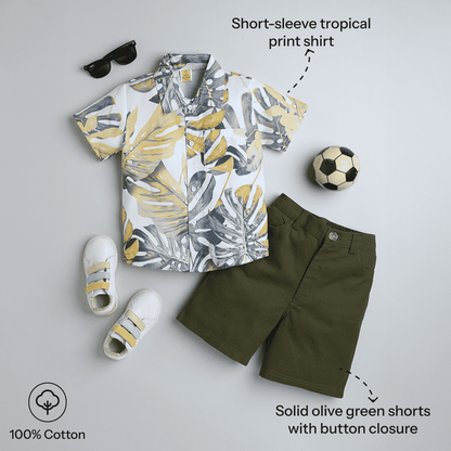 Boys Leaf Print Half-Sleeve Shirt & Bottom Set – Trendy Casual Wear - Pure, Chemical-Free Kidswear