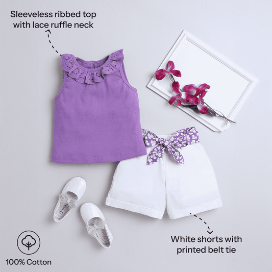 Kids Mauve Lace Rib Top & Shorts Set – With Belt, Stylish Casual Wear - Pure, Chemical-Free Kidswear