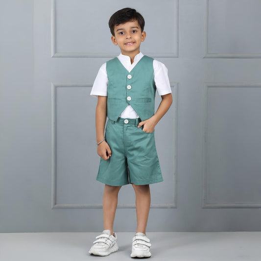 Aww Hunnie Kids’ Cotton Half-Sleeve Shirt & Vest with Pocketed Shorts Set – Premium Summer Wear